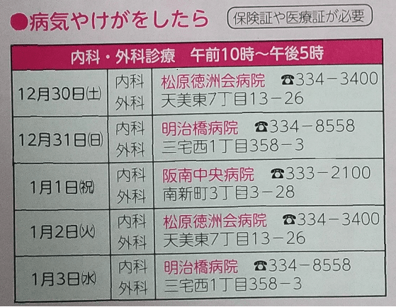 2017年の年末年始に松原市で営業している松原市内の病院一覧